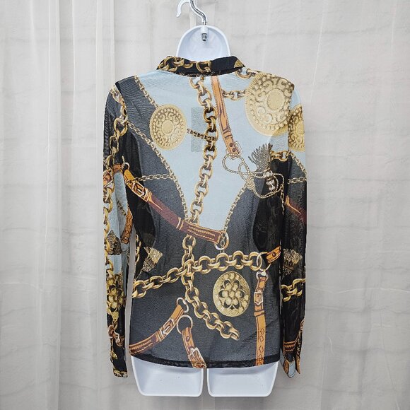 Black Gold Mesh Sheer Button Blouse Equestrian Club Party XL NWT - Picture 6 of 12